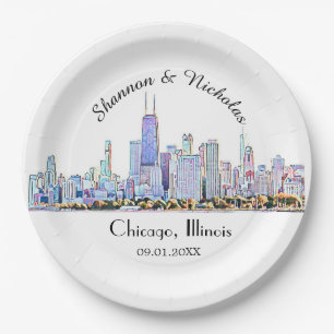Personalized Chicago Skyline Wedding Paper Plate