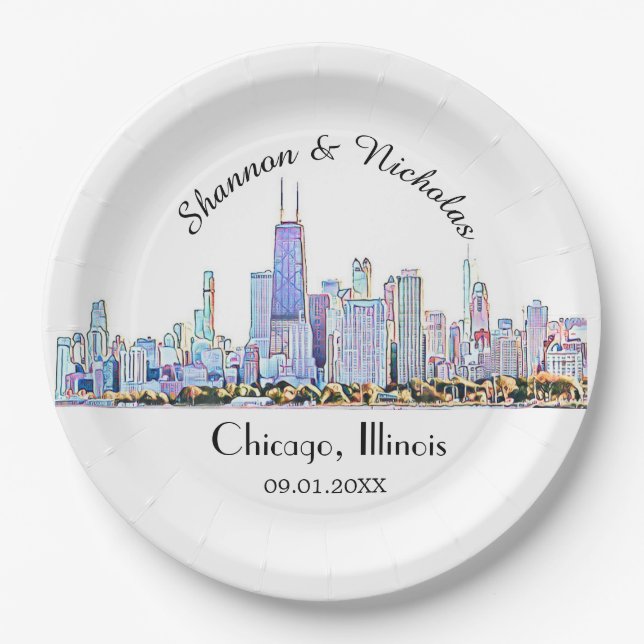 Personalized Chicago Skyline Wedding Paper Plate (Front)