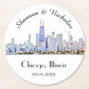 Personalized Chicago Skyline Wedding Round Paper Coaster