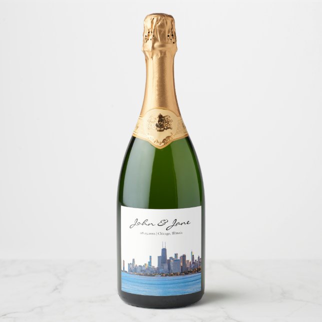 Personalized Chicago Skyline Wedding Sparkling Wine Label (Front)
