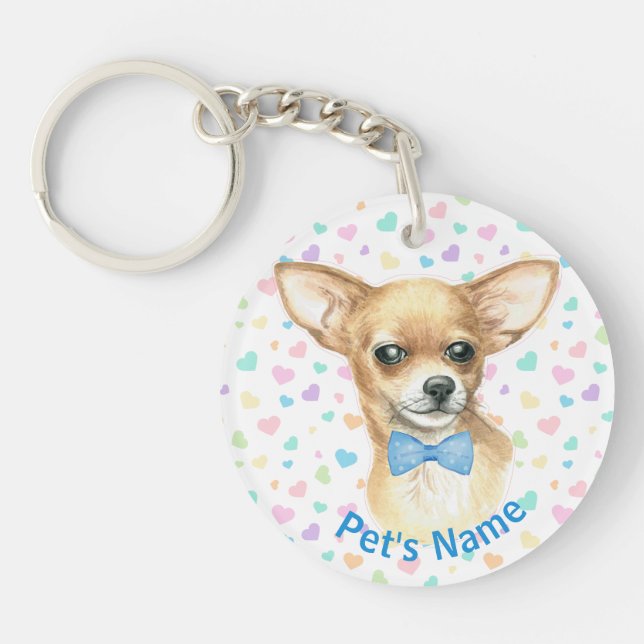 Personalized Chihuahua Blue Bowtie Keychain (Front)