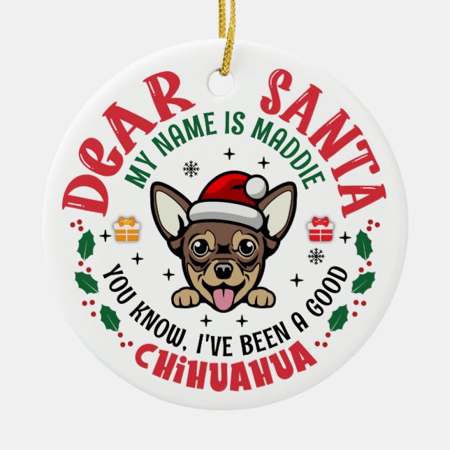 Personalized Chihuahua Dog Christmas Tree Round Ceramic Ornament (Front)