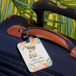 Personalized Chihuahua Puppy Watercolor Floral Luggage Tag