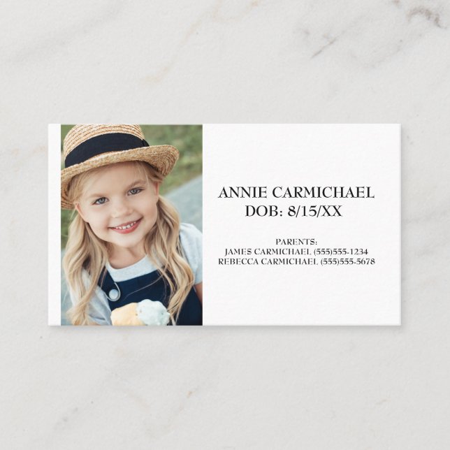 Personalized Child Food Allergy Alert Business Card (Front)