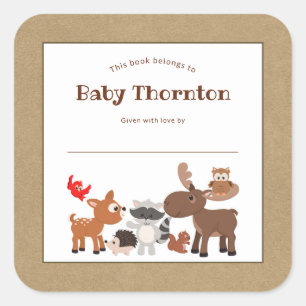 Personalized child's bookplate, woodland animals square sticker