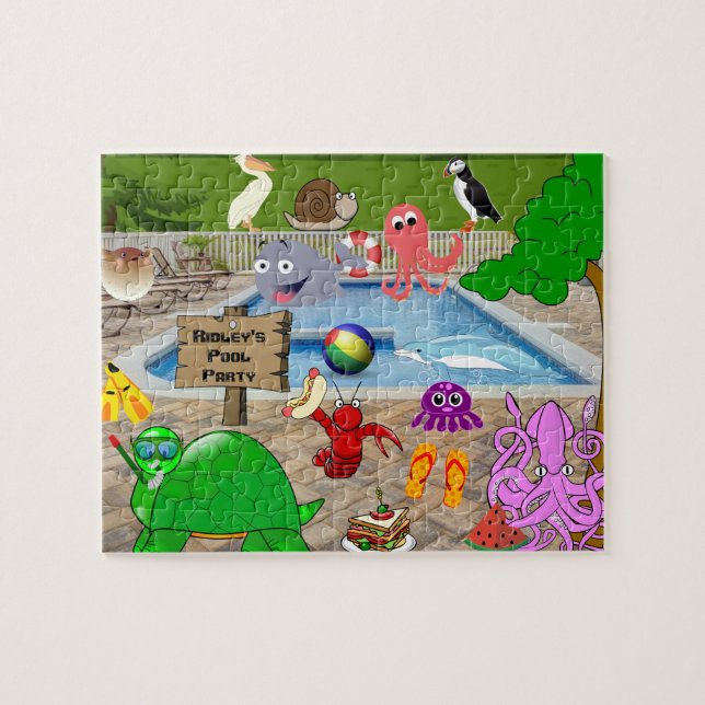 Personalized Child's Silly Pool Party Jigsaw Puzzle (Horizontal)