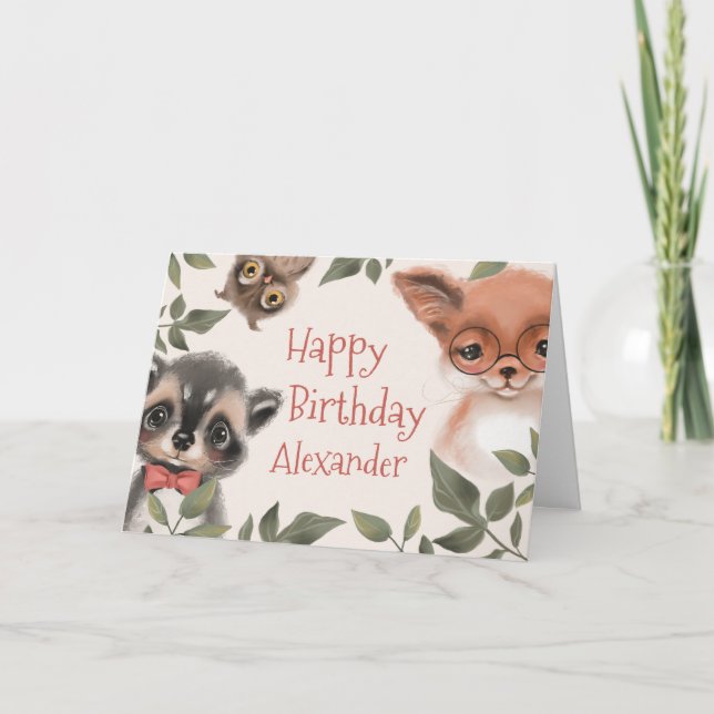 Personalized Child's Woodland Animals Birthday Card (Front)