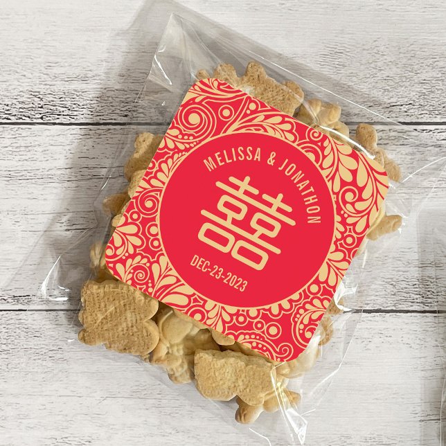 Personalized Chinese Wedding Double Happiness Square Sticker (Creator Uploaded)