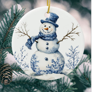 Personalized Chinoiserie Blue White Snowman Ceramic Ornament