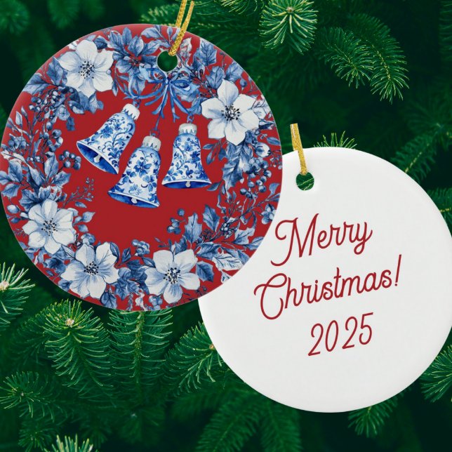 Personalized Chinoiserie Blue White Wreath Bells Ceramic Ornament (Personalize the back!)