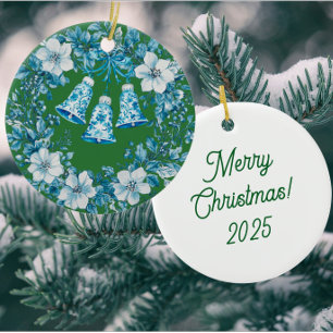 Personalized Chinoiserie Blue White Wreath Bells Ceramic Ornament