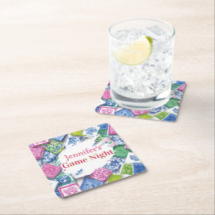 Personalized Chinoiserie Preppy Mahjong Game Night Square Paper Coaster