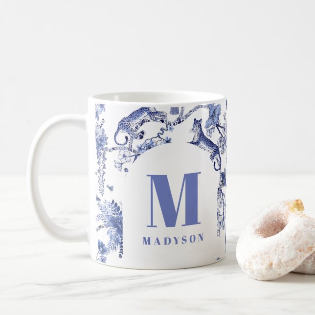 Personalized Chinoiserie Toile Jungle Blue White Coffee Mug (With Donut)