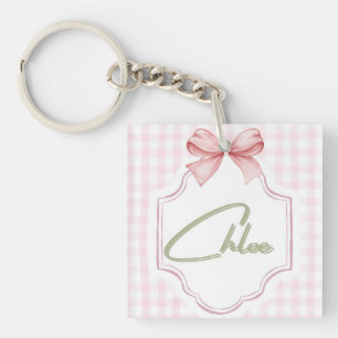 Personalized Chloe Baby Girl Nursery Bow&Gingham  Keychain