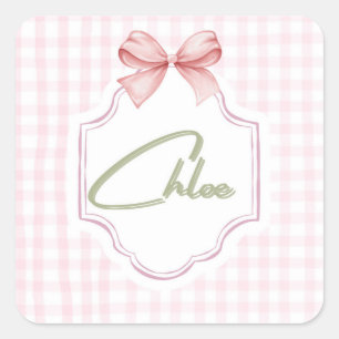 Personalized Chloe Baby Girl Nursery Bow&Gingham  Square Sticker