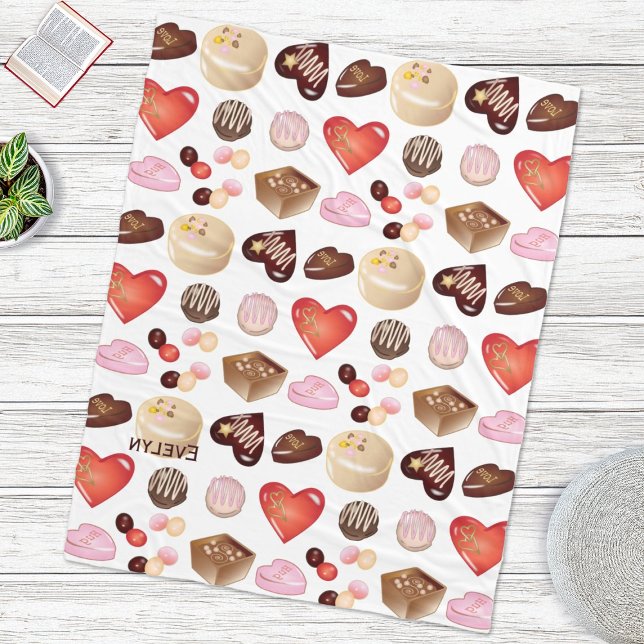 Personalized Chocolate Candy Heart Pattern Fleece Blanket (Creator Uploaded)
