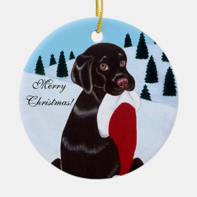 Personalized Chocolate Lab Christmas Santa Hat Ceramic Ornament (Front)
