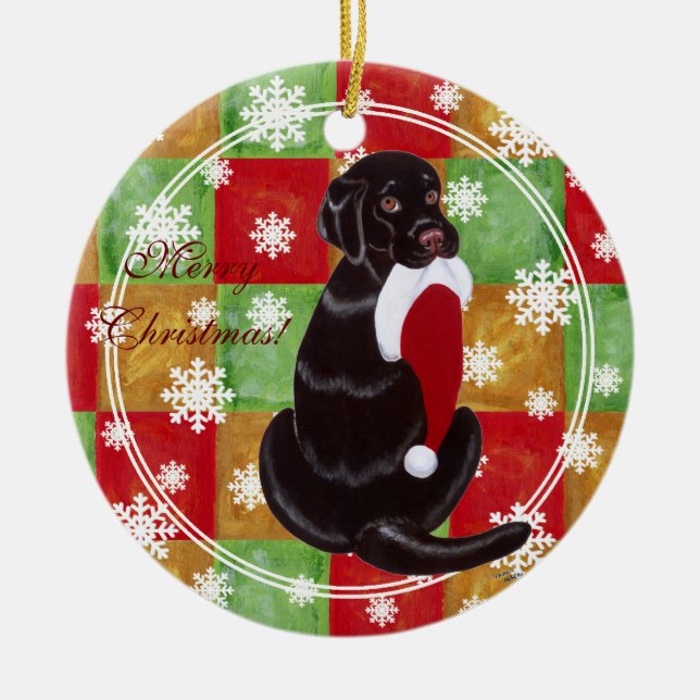 Personalized Chocolate Lab Christmas Santa Hat Ceramic Ornament (Front)