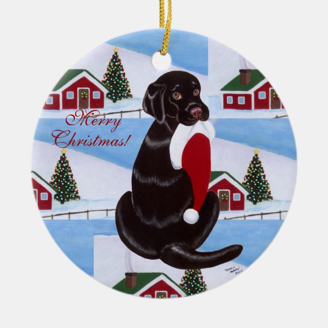 Personalized Chocolate Lab Christmas Santa Hat Ceramic Ornament (Front)