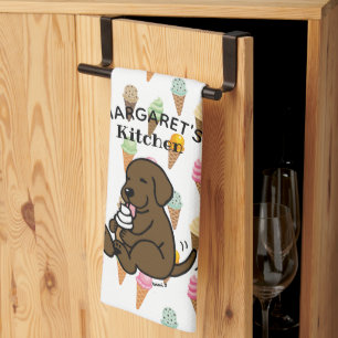 Personalized Chocolate Lab Licking Ice Cream Kitchen Towel