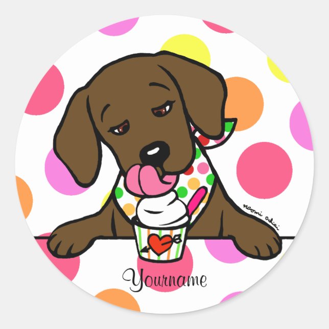 Personalized Chocolate Lab Puppy Ice Cream Classic Round Sticker (Front)