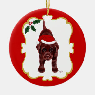 Personalized Chocolate Lab Puppy with Santa Hat 2 Ceramic Ornament