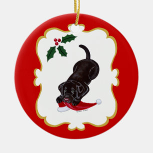 Personalized Chocolate Lab Puppy with Santa Hat Ceramic Ornament