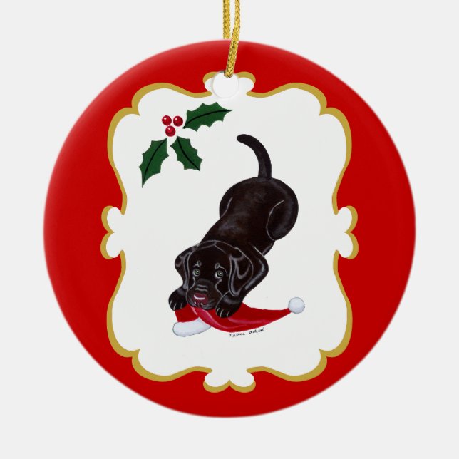 Personalized Chocolate Lab Puppy with Santa Hat Ceramic Ornament (Front)