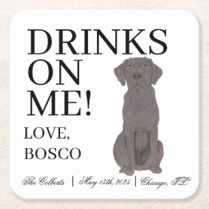 Personalized Chocolate Labrador Dog Wedding Square Paper Coaster