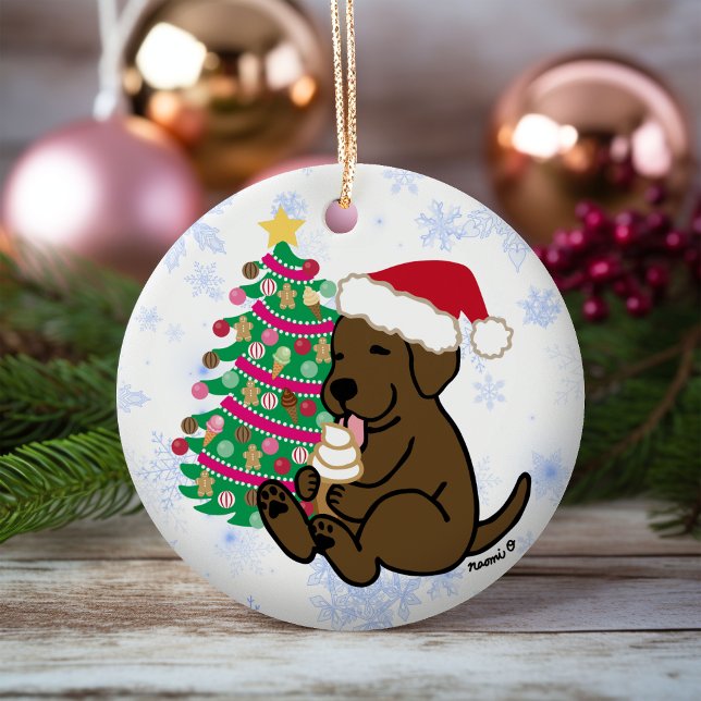 Personalized Chocolate Labrador Ice Cream Ceramic Ornament (Personalized Chocolate Labrador Ice Cream Christmas Ornament for Labrador Owners.  Cartoon Style.)