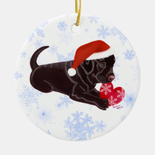 Personalized Chocolate Labrador Puppy Santa's Hat Ceramic Ornament