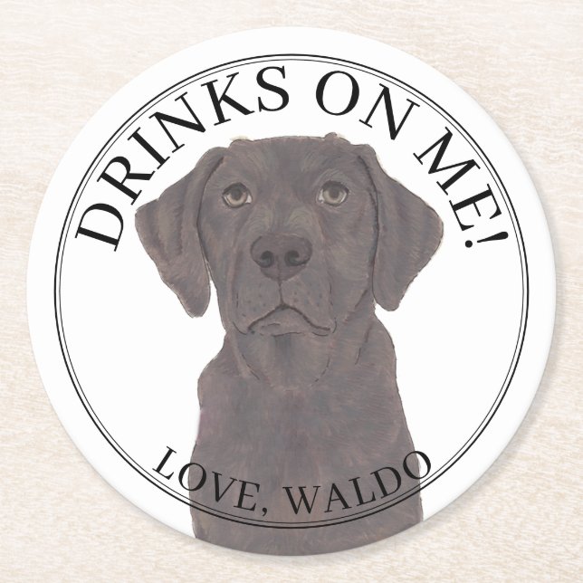Personalized Chocolate Labrador Wedding Round Paper Coaster (Front)