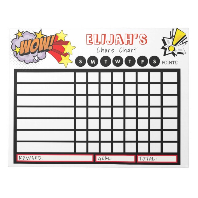 Personalized Chore Chart for Kids, Comic Book Notepad (Front)
