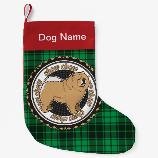 Personalized Chow Chow Dog Breed Green Plaid Small Christmas Stocking (Front)