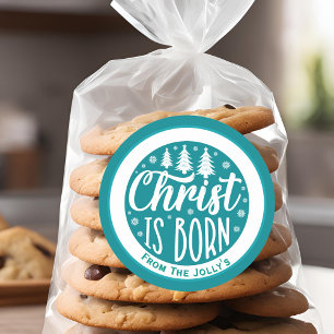 Personalized Christ Is Born Christmas Blue Classic Round Sticker