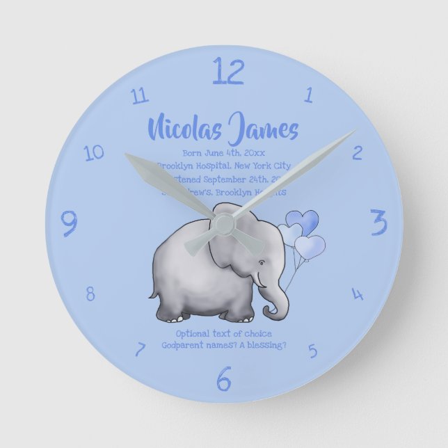 Personalized Christening Date Baby Blue Elephant Round Clock (Front)