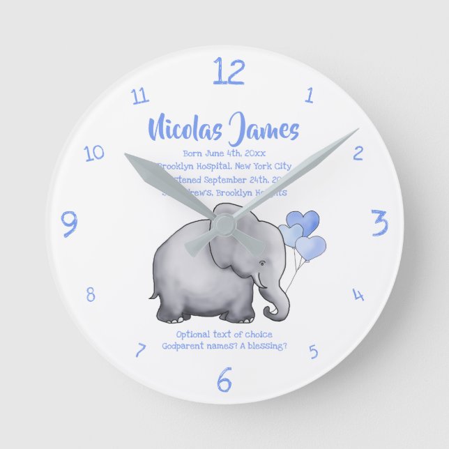 Personalized Christening Date Baby Blue Elephant Round Clock (Front)
