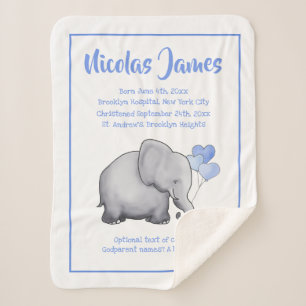 Personalized Christening Date Baby Blue Elephant Sherpa Blanket