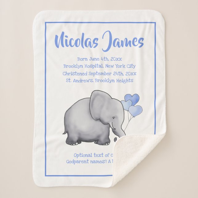 Personalized Christening Date Baby Blue Elephant Sherpa Blanket (Front)