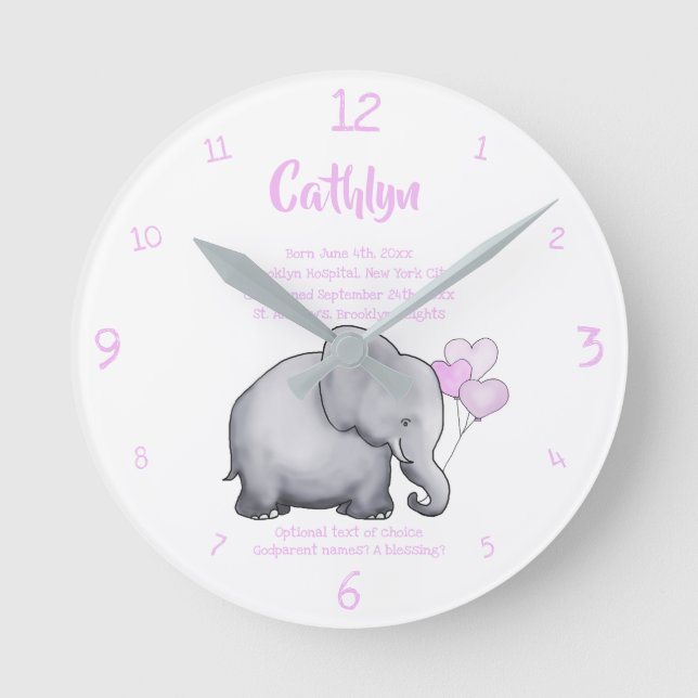 Personalized Christening Date Baby Pink Elephant Round Clock (Front)