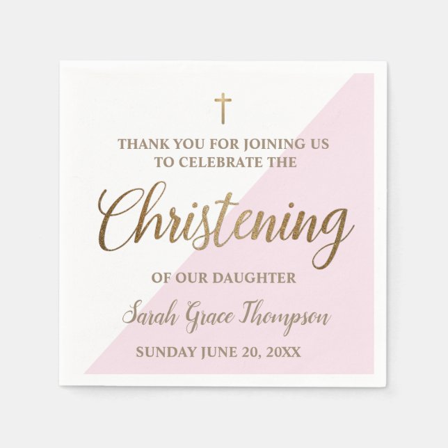 Personalized Christening Modern gold pink white Napkin (Front)