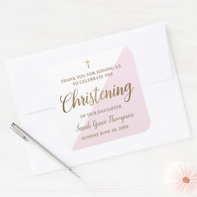 Personalized Christening Modern gold pink white Square Sticker (Envelope)