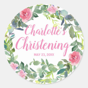 Personalized Christening Sticker with Pink Flowers