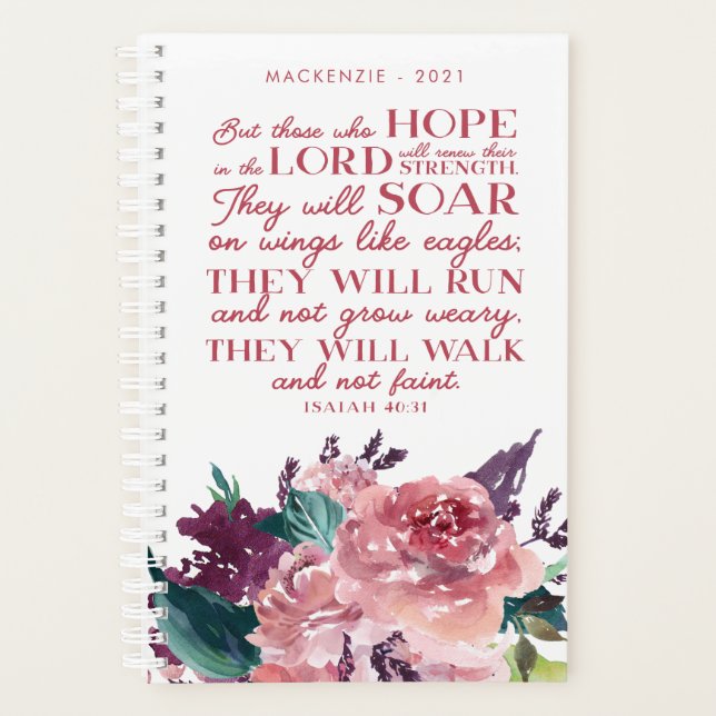 Personalized Christian Bible Verse Pink Floral Planner (Front)