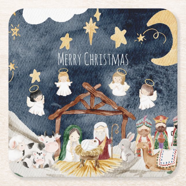 Personalized Christian Christmas Kids Nativity Square Paper Coaster (Front)