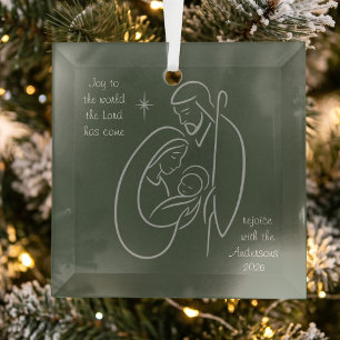 Personalized Christian Nativity Line Art Glass Ornament