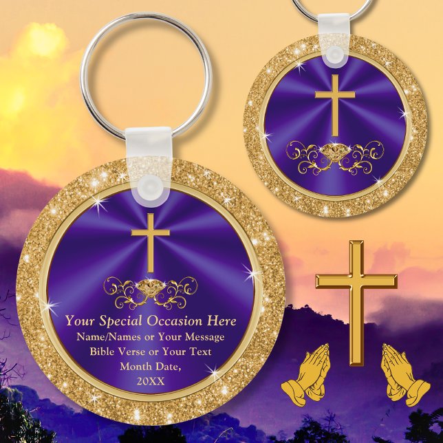 Personalized, Christian Party Favours, Any Occasio Keychain (Church Anniversary Favors. Purple and Gold, Christian Keychains. Gifts for church members. Scripture)