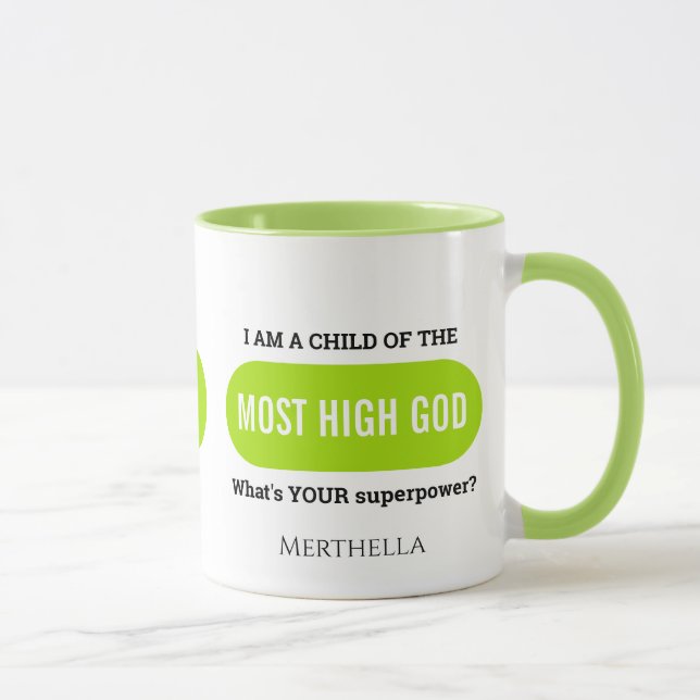 Personalized Christian Superpower Green Monogram Mug (Right)