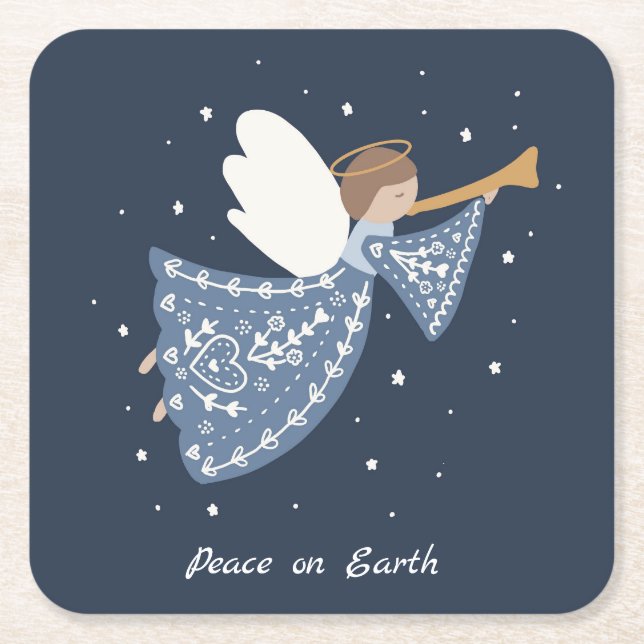 Personalized Christmas Angel Holiday Peace Earth Square Paper Coaster (Front)