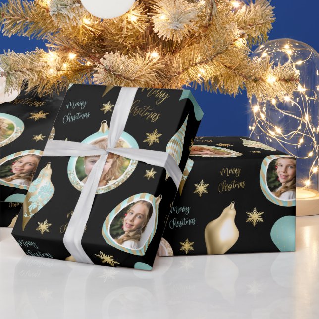Personalized Christmas Aqua Gold Photo Ornament Wrapping Paper (Holidays)
